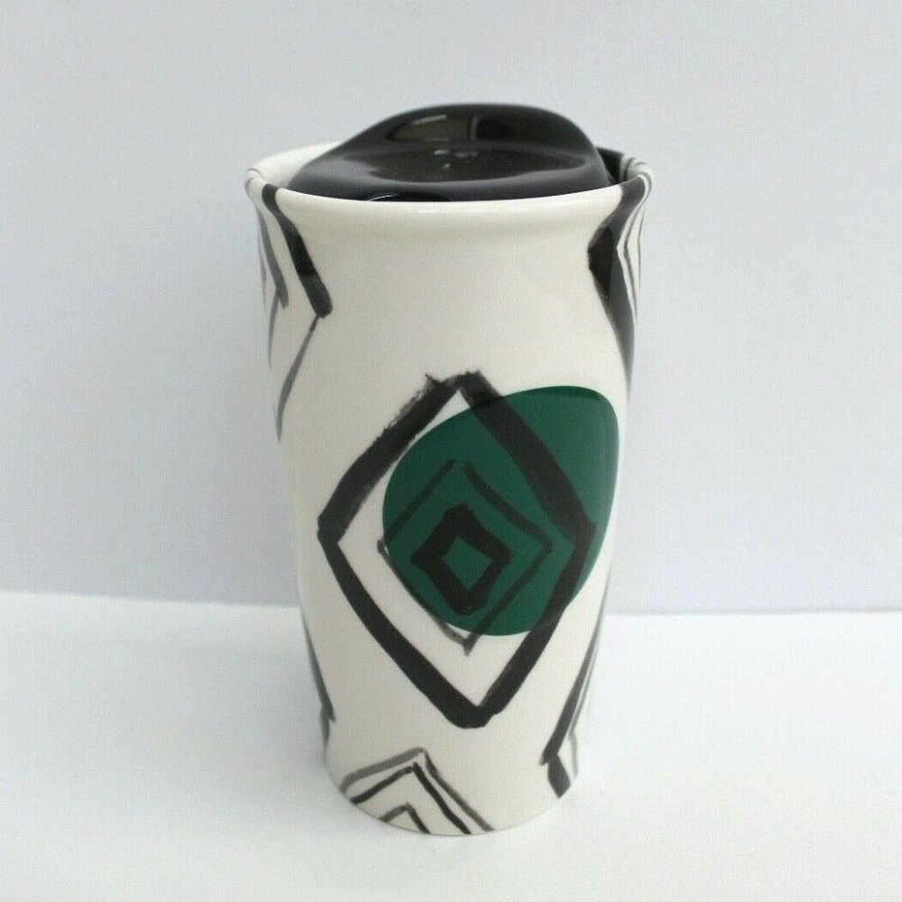 Starbucks Tribute Green Dot Diamond White Ceramic Tumbler Ceramic Lid